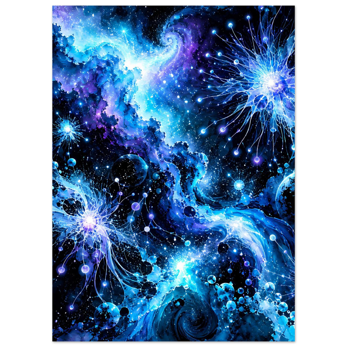 Galaktisches Poster: starker blauer Weltraumglanz, leuchtende Kugeln, Netze aus Sternenstaub