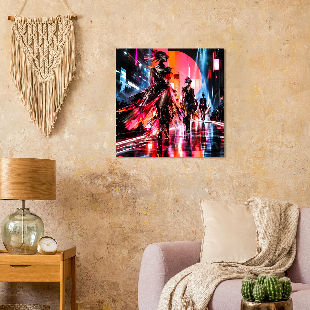 Neon-Fashion-Poster mit dynamischer Laufsteg-Silhouette, quadratischer Druck