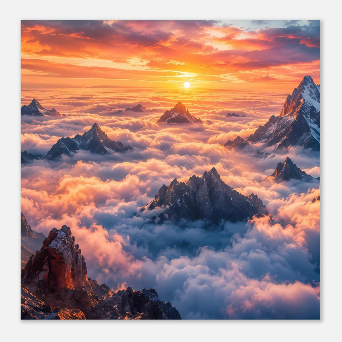 Poster im Hochformat mit Bergen, goldenem Licht und Wolkenmeer bei Sonnenaufgang