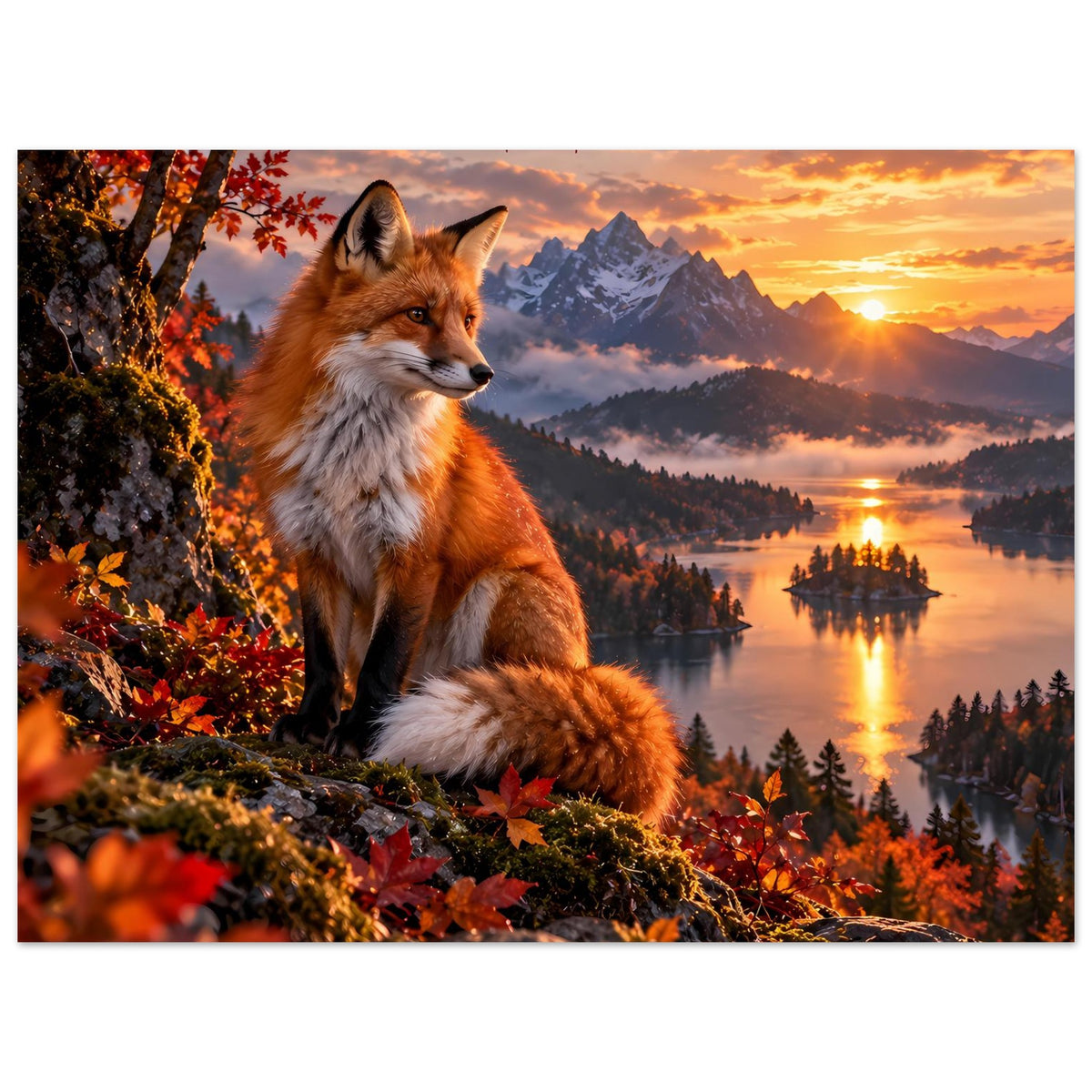 Wandposter mit Fuchs in Waldlandschaft bei Sonnenuntergang und Bergen über See
