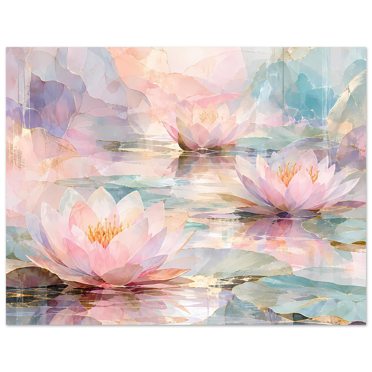 Floralposter mit Seerosen auf ruhigem Wasser in Pastelltönen, Querformat