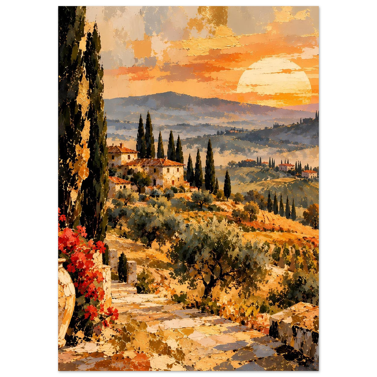 Toskana-Poster, Ausschnitt mit Weg, roten Blüten, Zypressen und weiter Landschaft