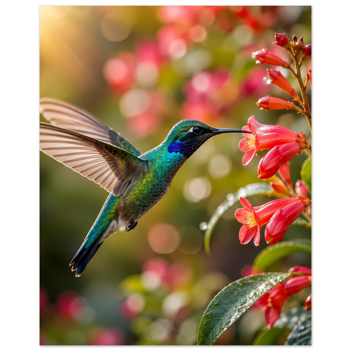 Poster im Hochformat: blaugrüner Kolibri vor roten Blüten
