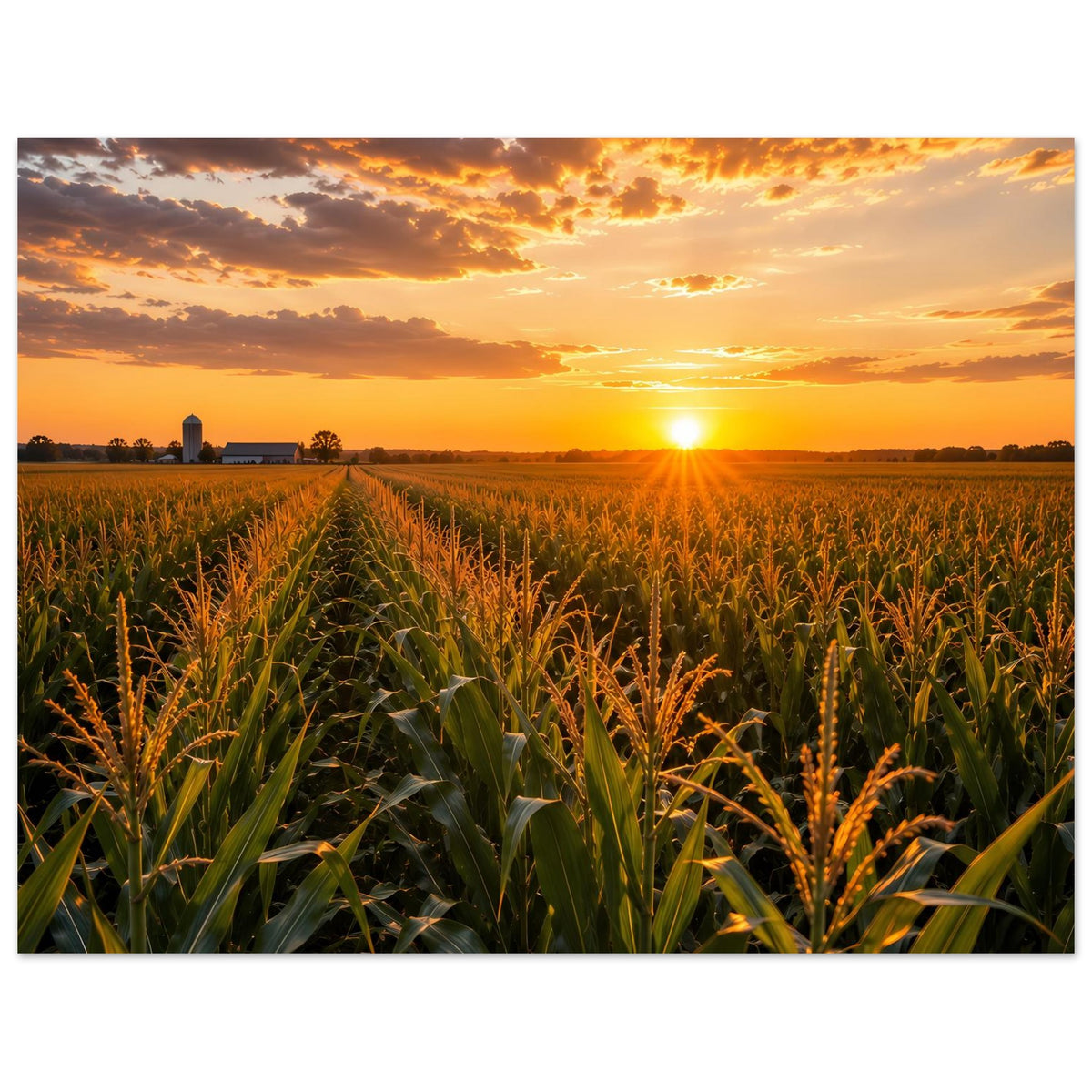 Querformat Poster mit Maisfeld, Sonnenuntergang und warmem Licht am Horizont