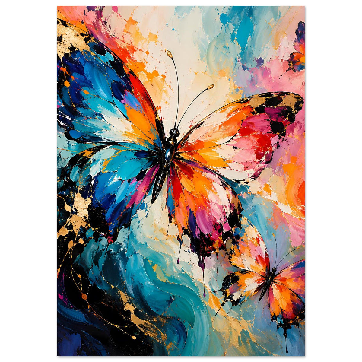 Schmetterlingsposter im Hochformat mit großem buntem Schmetterling und Farbverläufen