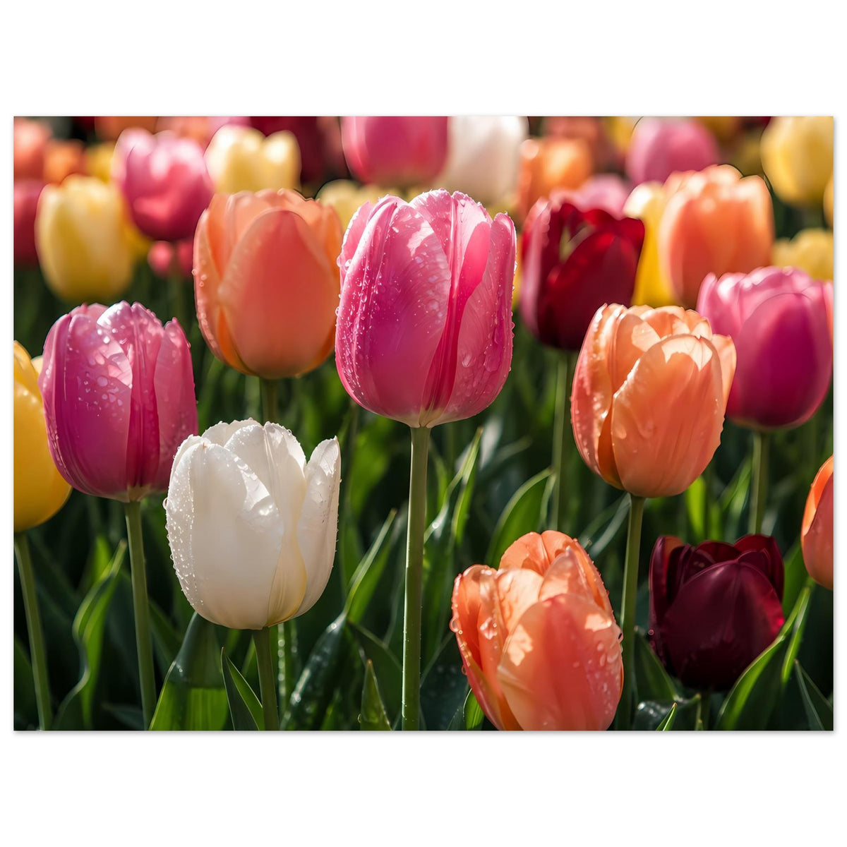 Blumenposter im Querformat: Tulpen in Pink, Orange und Weiß, mit feinen Wassertropfen