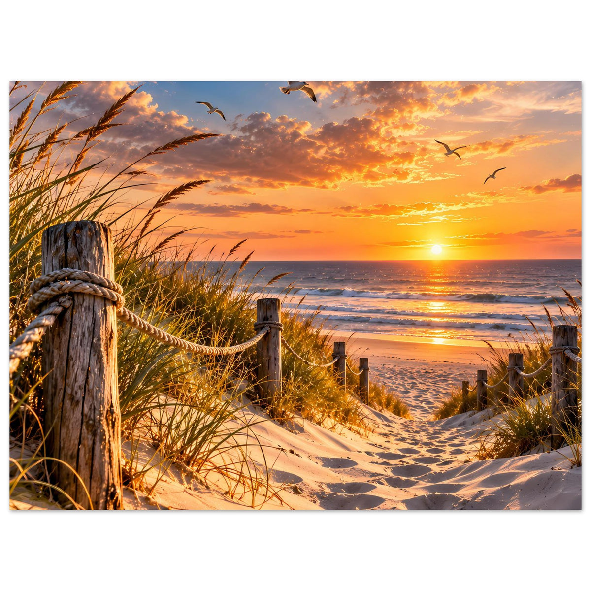 Wandposter, horizontale Ansicht: Sonnenuntergang über Sanddünen mit Möwen