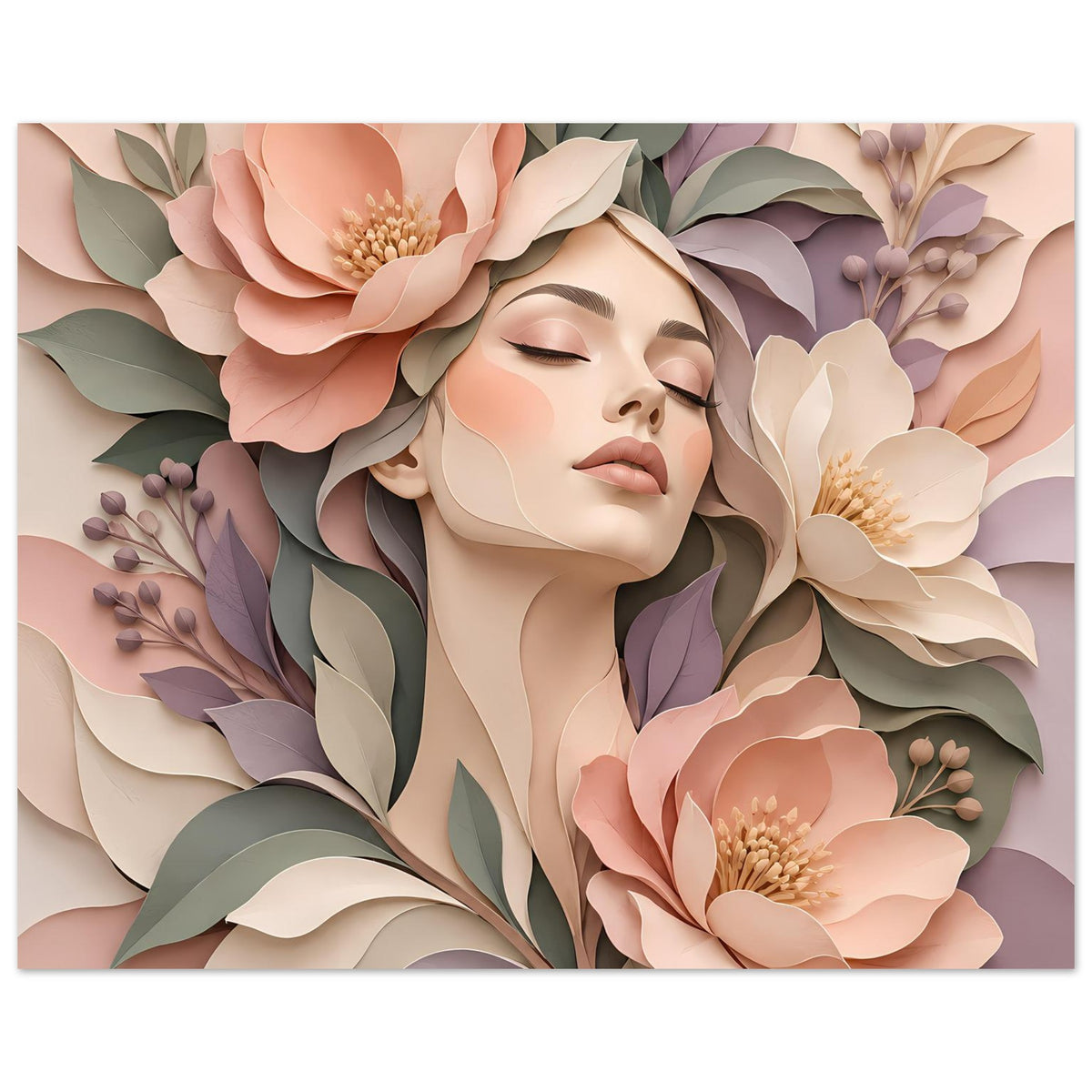 Florales Portraitposter: Frauenkopf mit geschlossenen Augen im Blütenkranz in sanften Pastelltönen