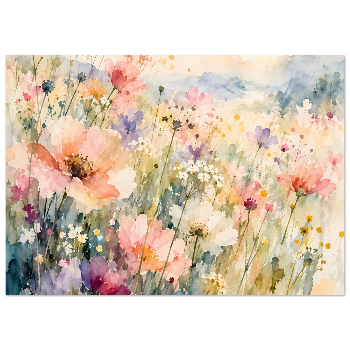 Aquarell-Poster mit Wildblumen in Pastellfarben, Blüten und zarte Stängel, horizontal