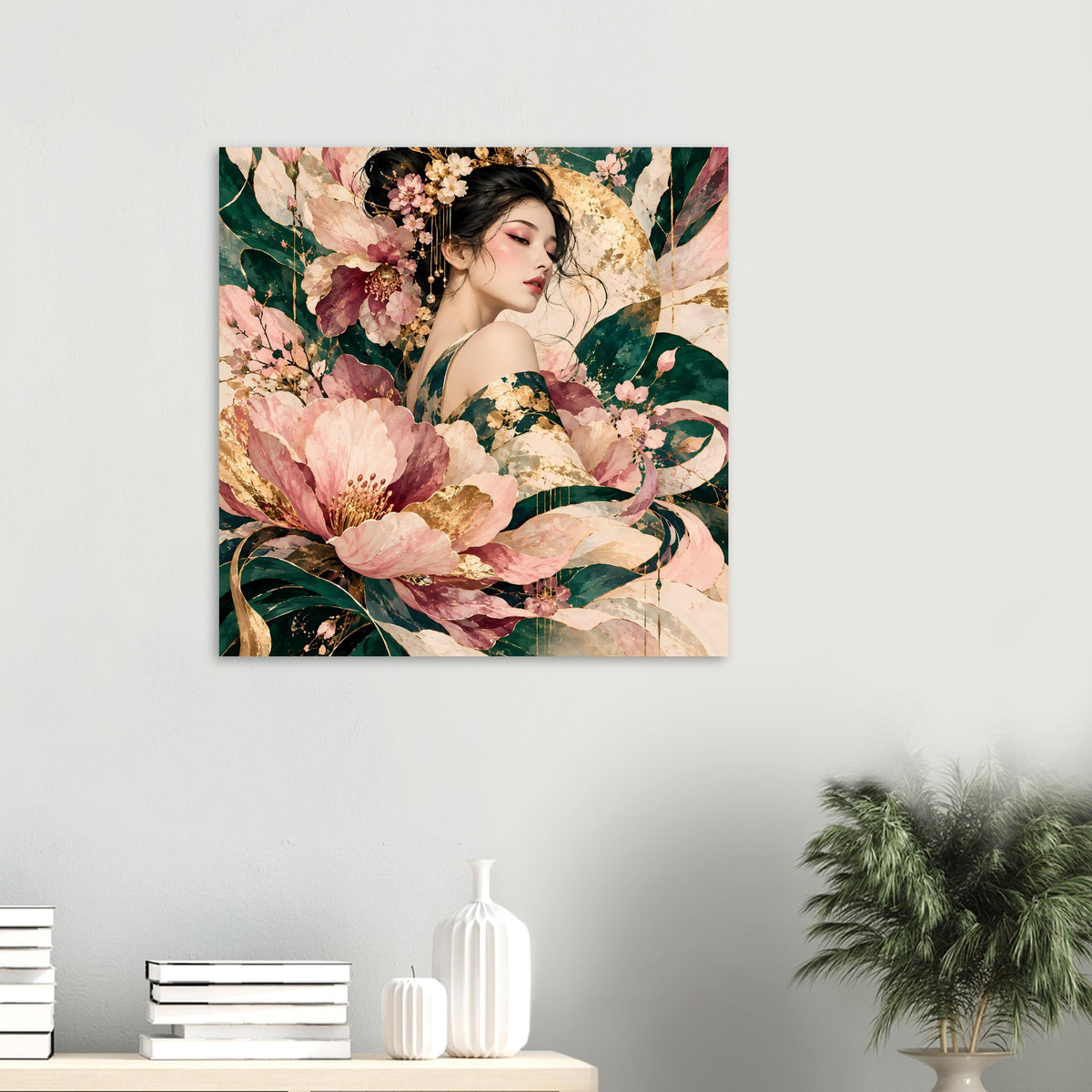Blumenposter: Frau mit floralen Elementen, rosa Blüten, grüne Blätter und goldene Details