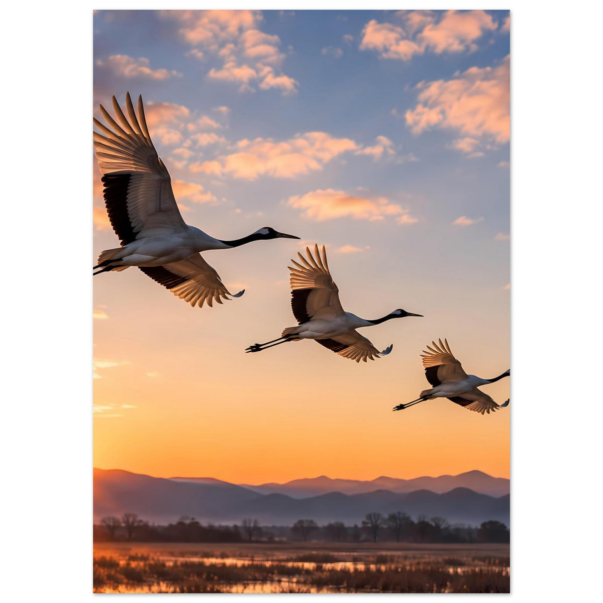 Poster mit fliegenden Kranichen vor warmem Abendhimmel mit Wolken