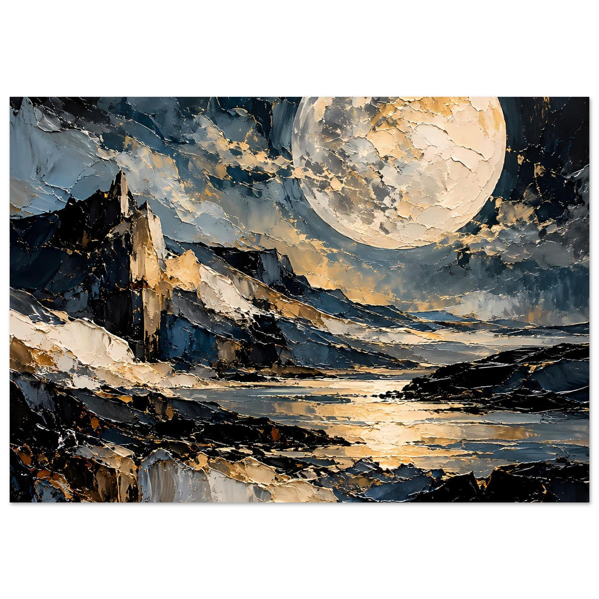 Mondschein-Poster im Querformat: goldener Vollmond über Felsformationen und Seeufer