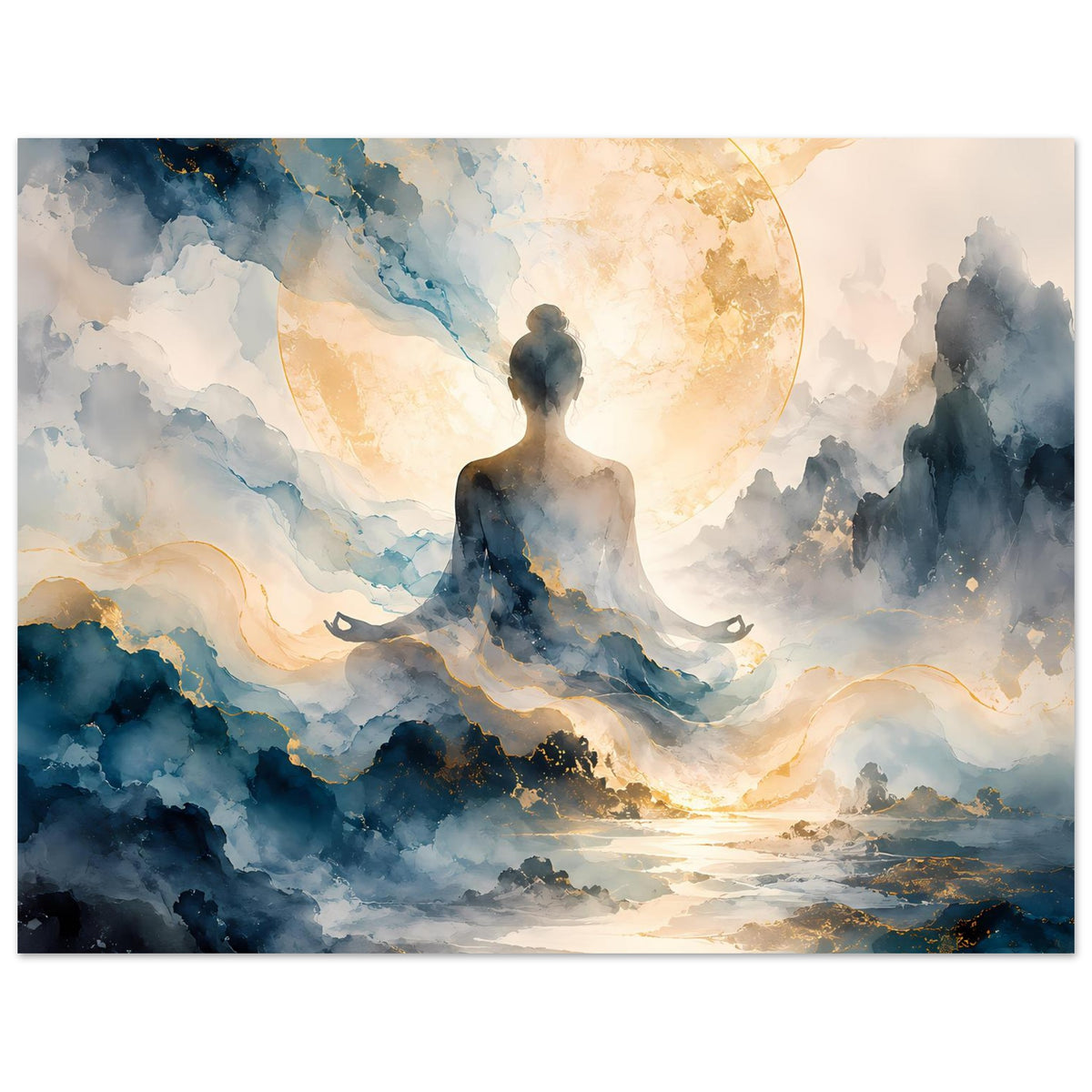 Zen-Poster querformat: sitzende Figur in Blau und Gold mit hellem Kreis am Himmel
