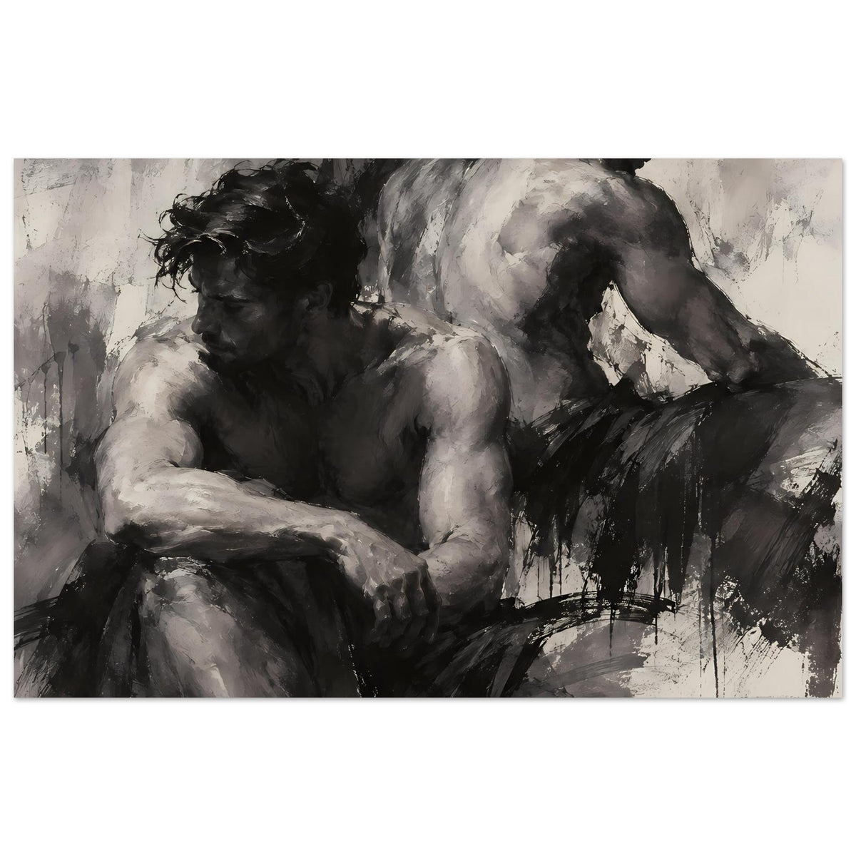 Zwei expressive menschliche Figuren in Schwarz-Weiß mit dynamischen Pinselstrichen – Posteransicht 21