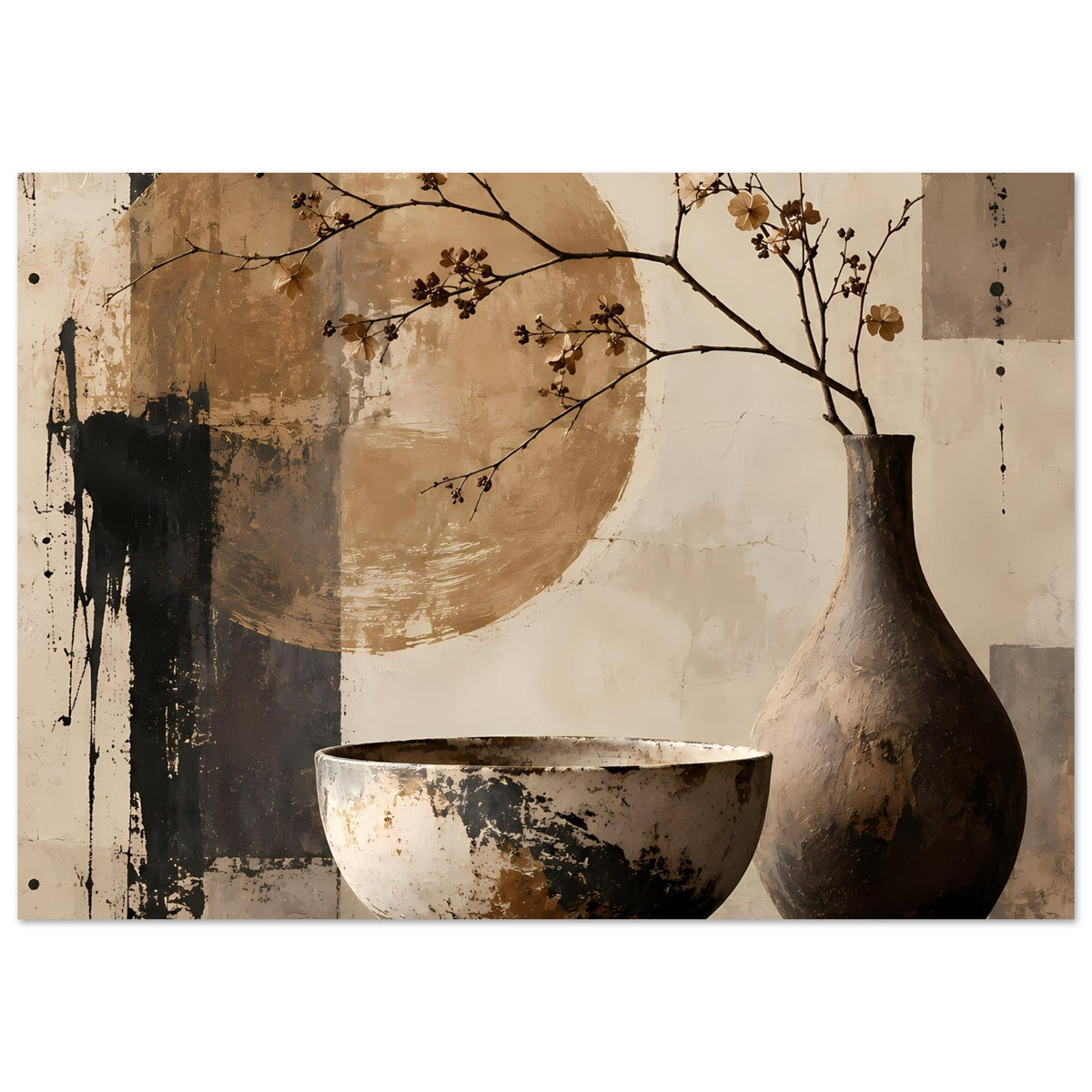 Stillleben-Poster mit Fokus auf Keramikschale und Vase, blühender Ast und runder Kreisfläche