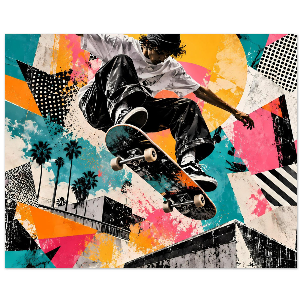 Horizontales Poster: Skateboarder, Skateboard mit Farbakzenten, Neon-Graffiti-Elemente