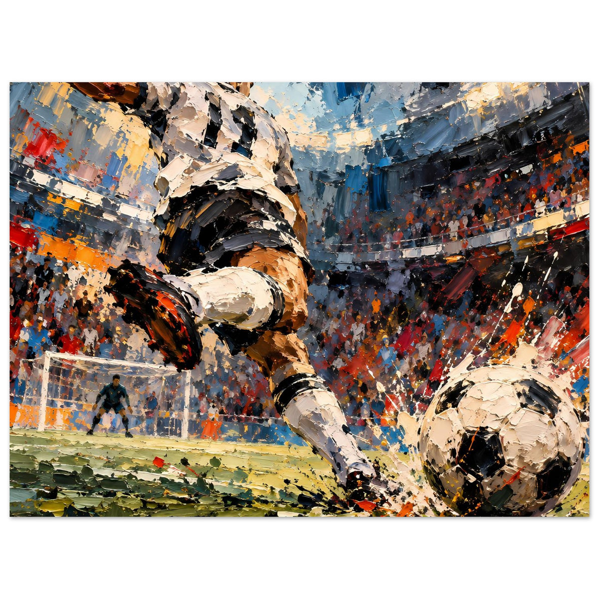 Fußball-Actionposter horizontal: Stürmer-Schuss mit Tor, Ball rechts, Blau-Schwarz