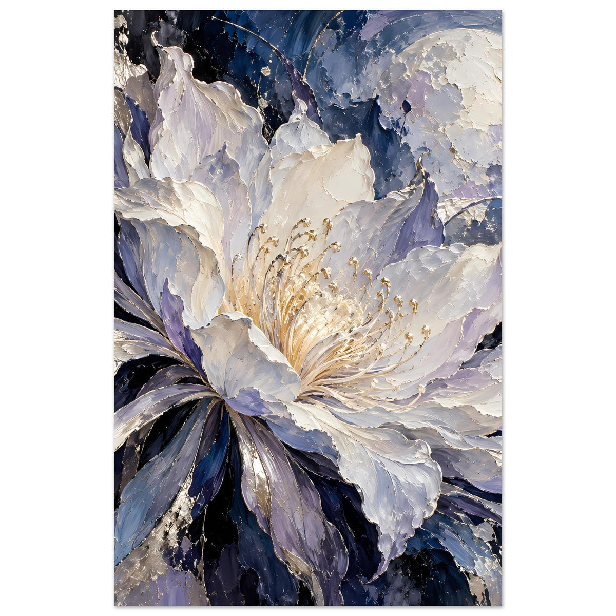 Poster im Hochformat: große weiß-violette Blüte mit goldenen Fäden, Halbmond oben