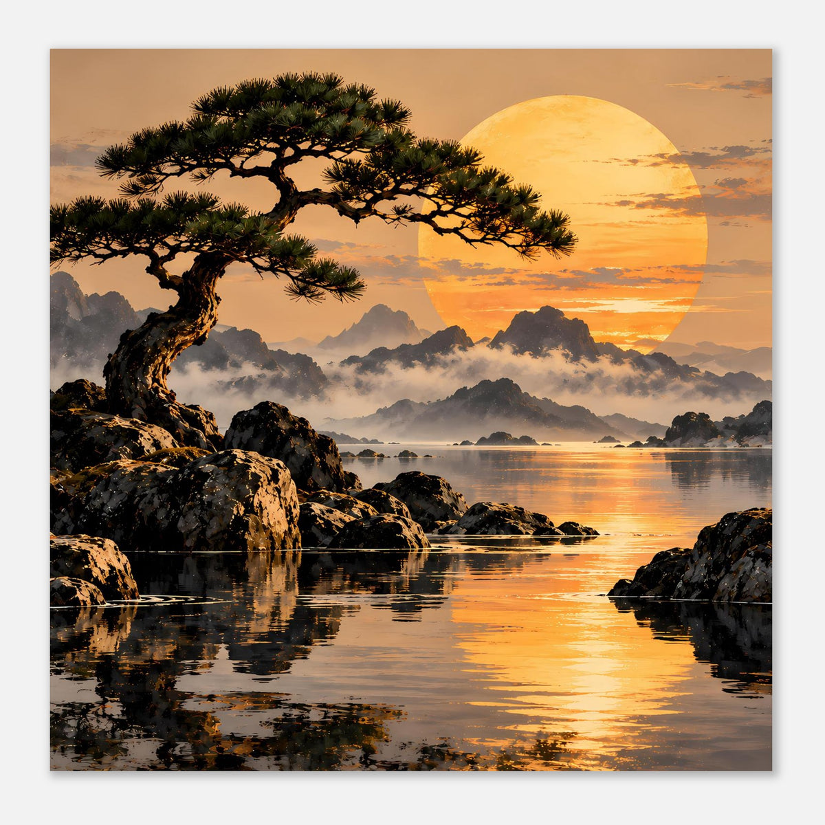 Gerahmtes Landschafts-Poster (quadratisch) mit Baum, See und orangefarbenem Sonnenkreis