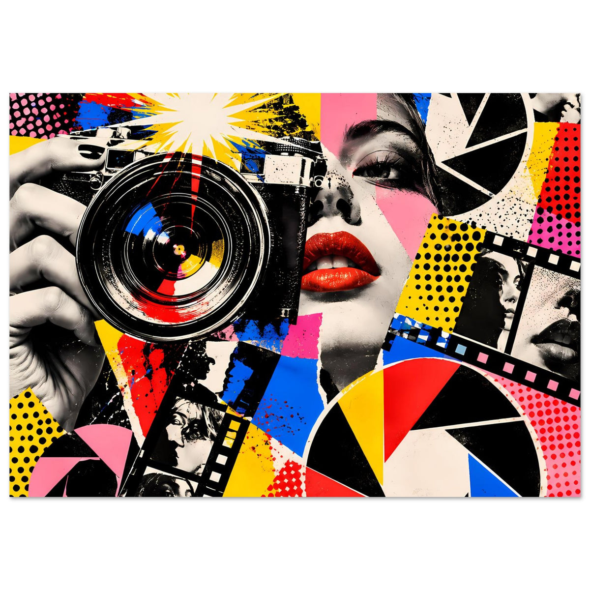 Pop-Art-Fotografie-Poster mit Kamera-Linse und Frauengesicht, knallige Farbfelder und Muster
