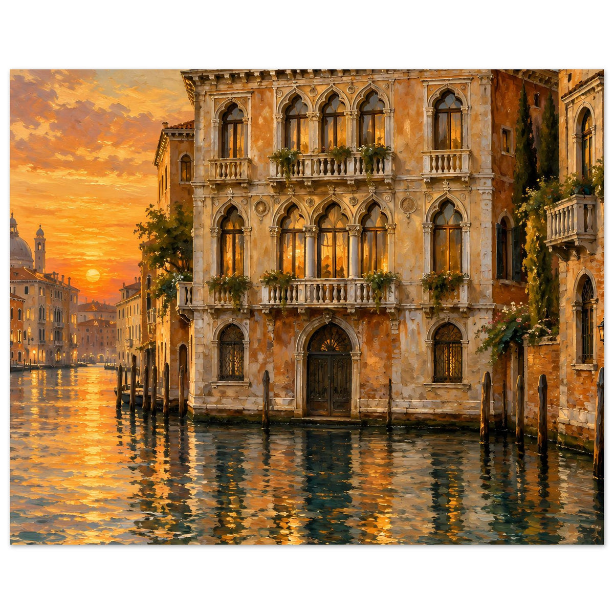 Venedig-Poster mit Palazzo-Arkaden, warmem Licht und Reflexionen auf ruhigem Wasser