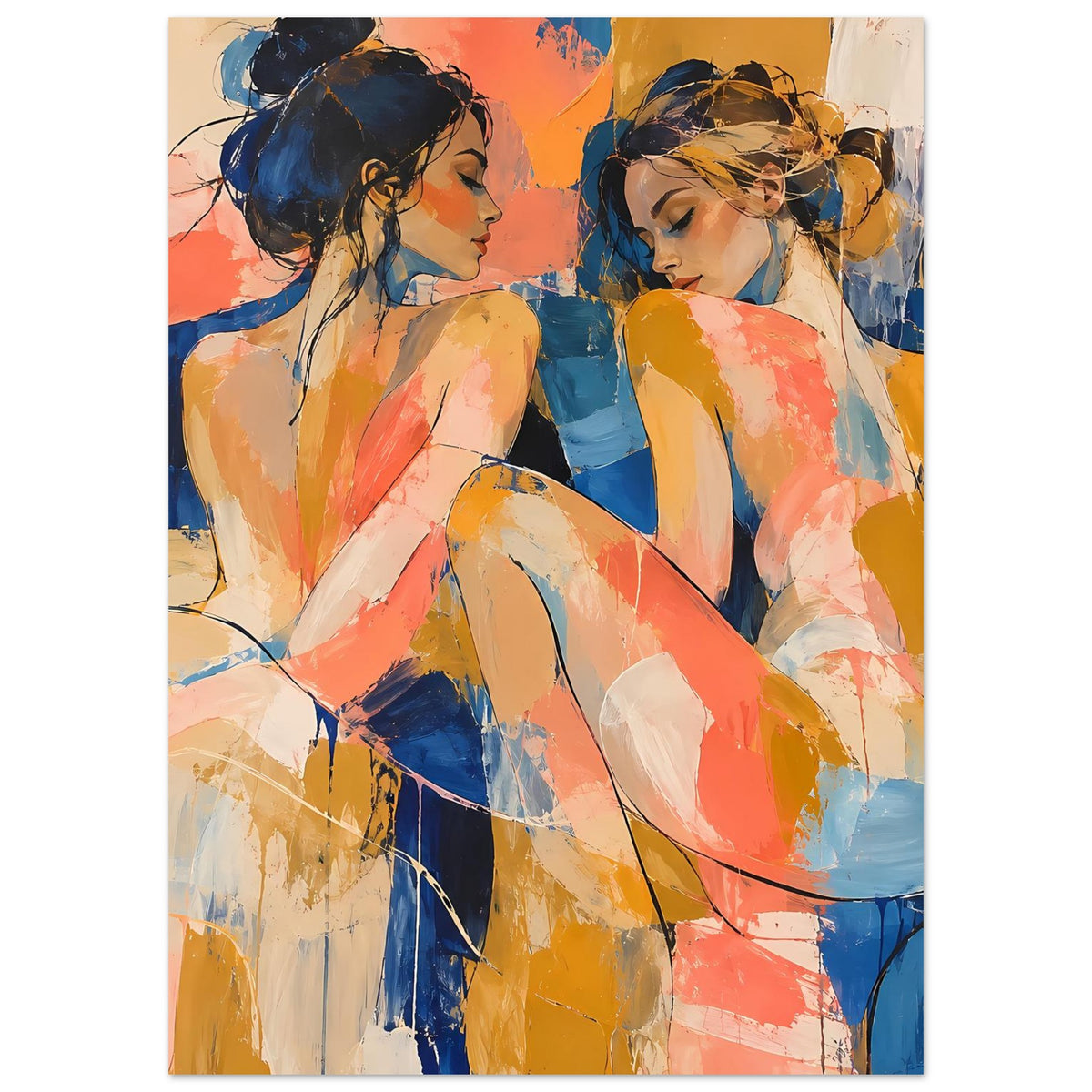 Kunstposter mit abstraktem Figurenpaar: zwei Frauen in Blau und Koralle, expressive Pinselstriche.