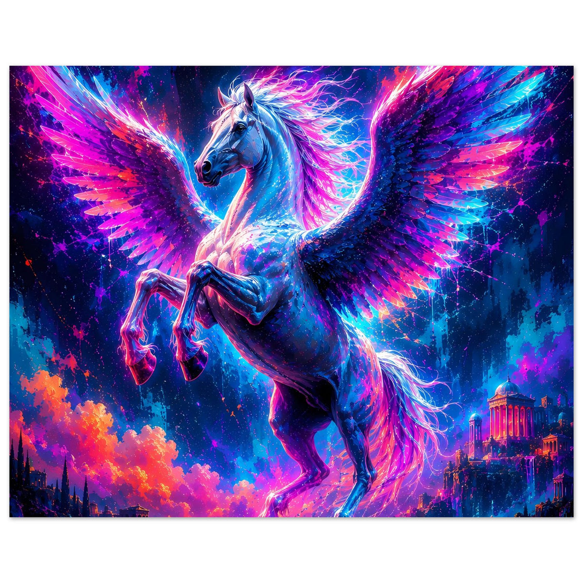 Leuchtendes Pegasus-Motivposter im Querformat, Flügel aus Neonblau und Magenta