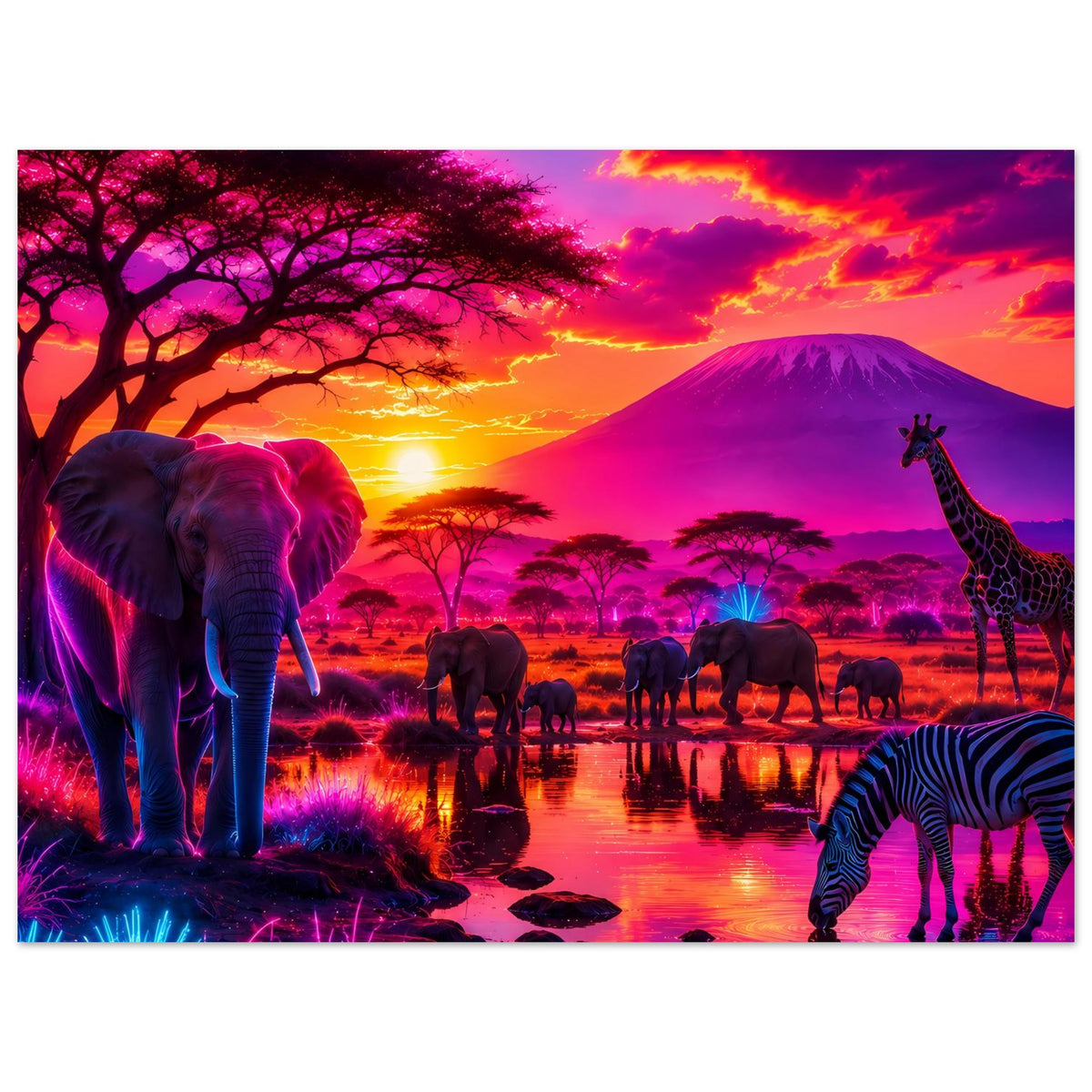 Wildlife-Poster mit Elefant links, Giraffe rechts, Zebra rechts unten und Sonnenuntergang