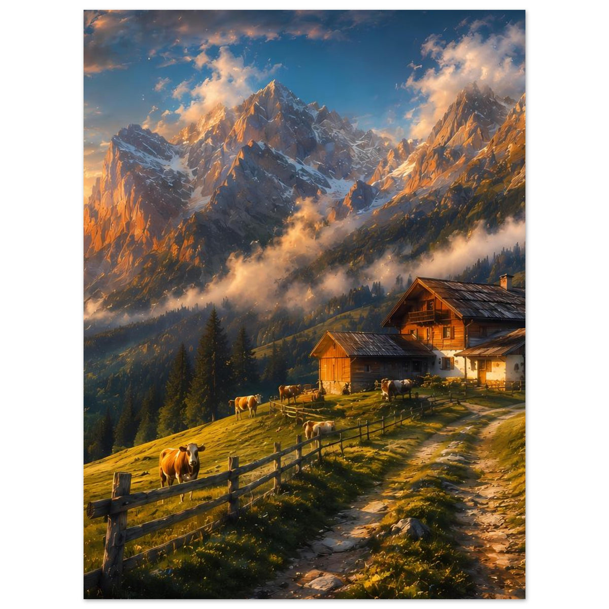 Alpenhütten-Poster mit Kühen auf der Wiese, Holzstall und Bergkette im Abendlicht