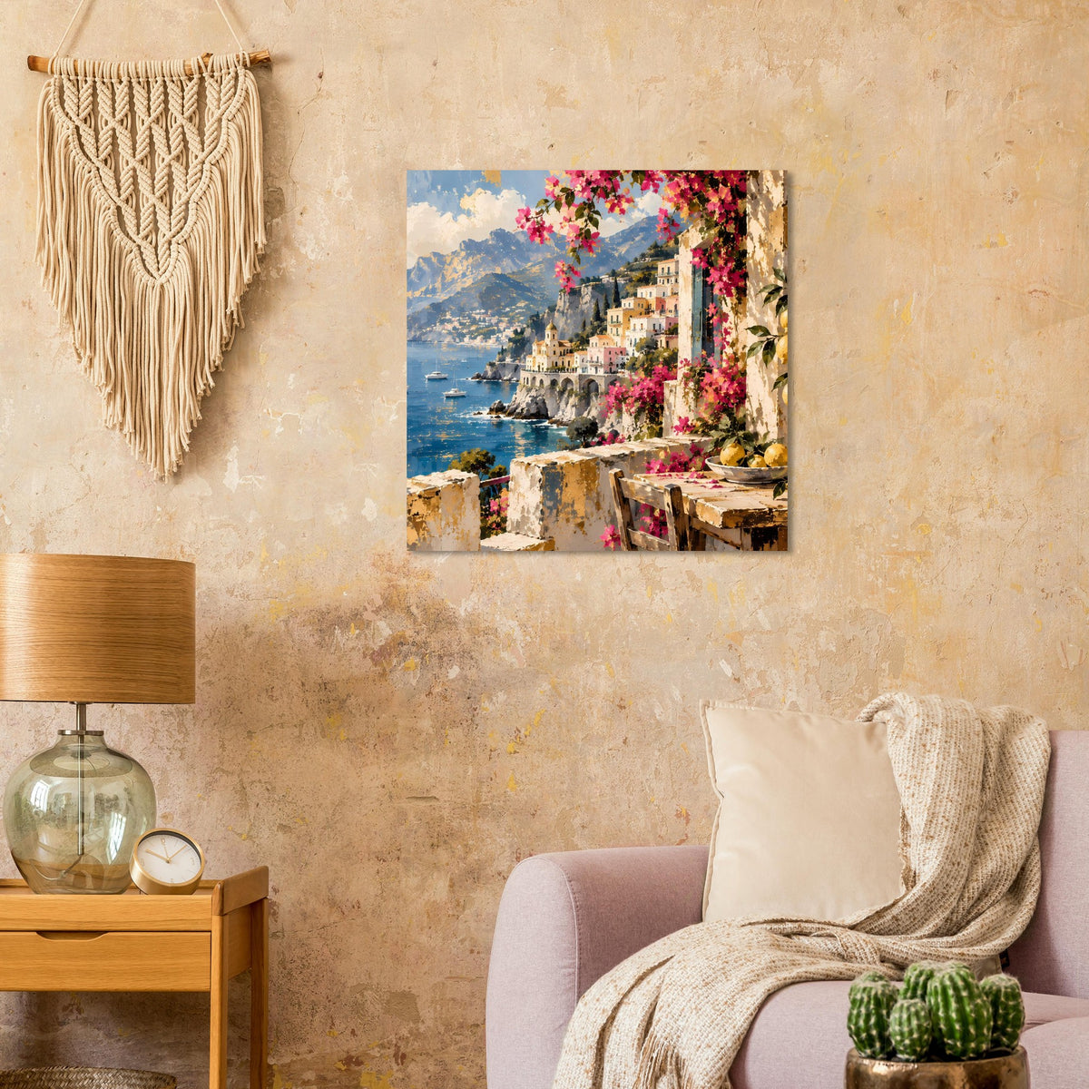 Poster mit mediterraner Küste: Meer, Häuser am Hang und pinke Blüten