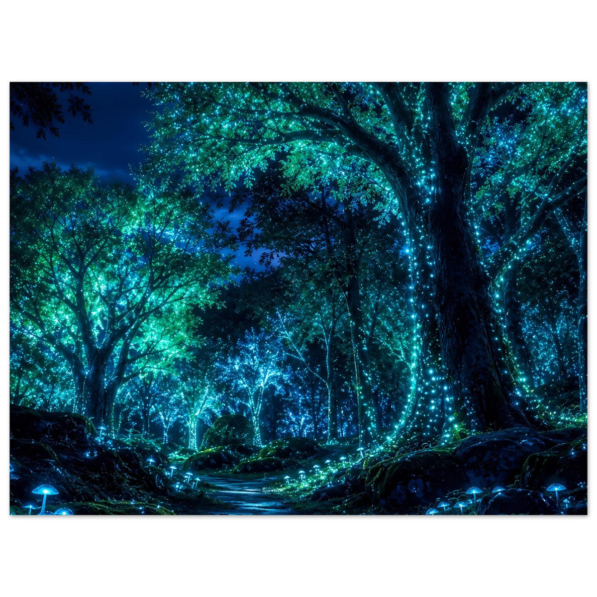 Horizontales Poster mit Waldpfad, glühenden Pflanzen und funkelnden Lichtern im Nachtwald