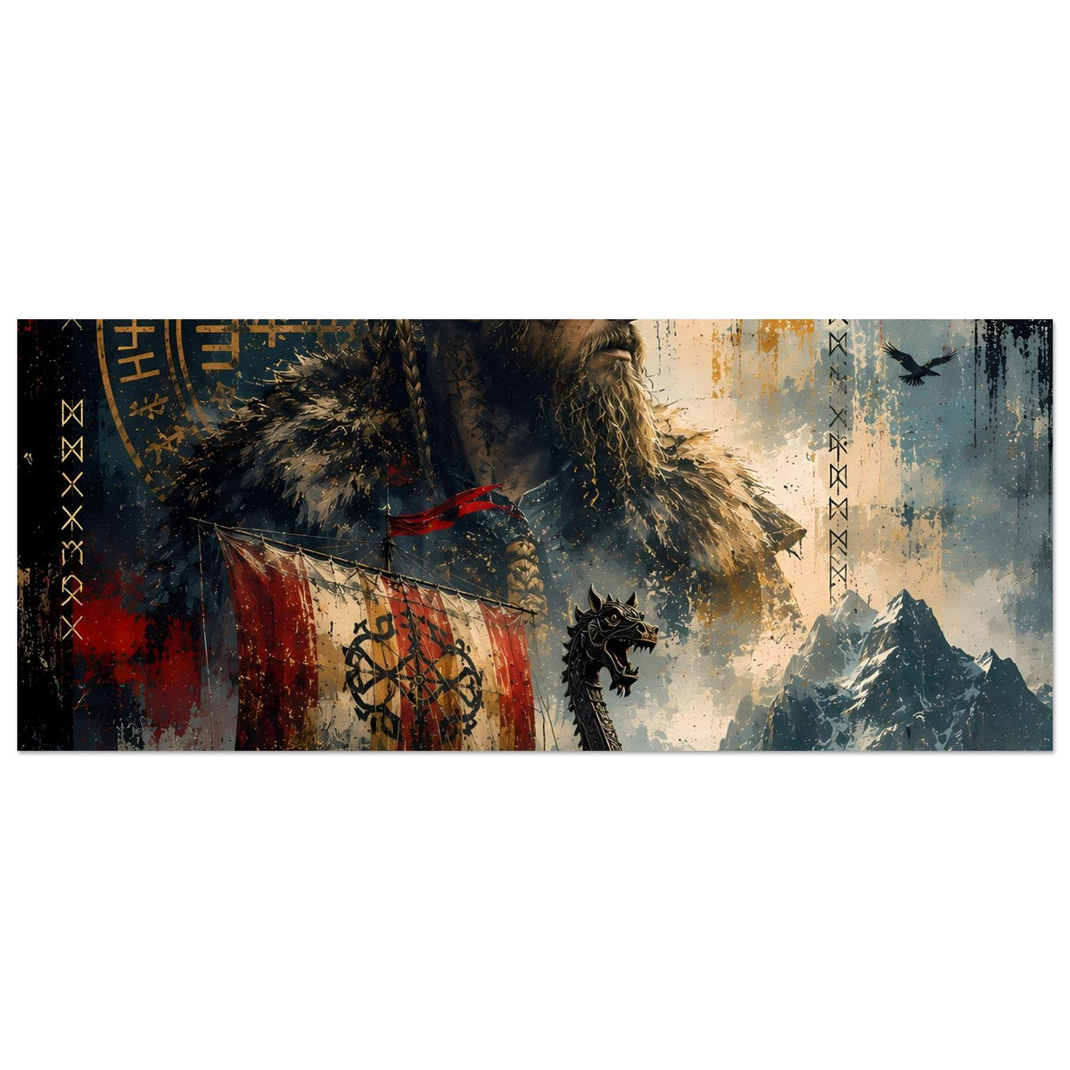 Wikinger-Legendenposter im Querformat: Banner, Runenränder und Berge am Horizont