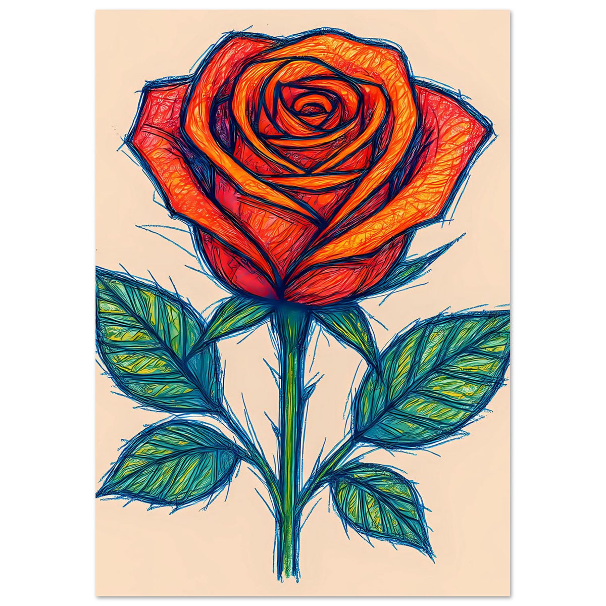 Hochkant-Rosenposter mit skizzierter roter Rose und grünen Blättern am Stiel
