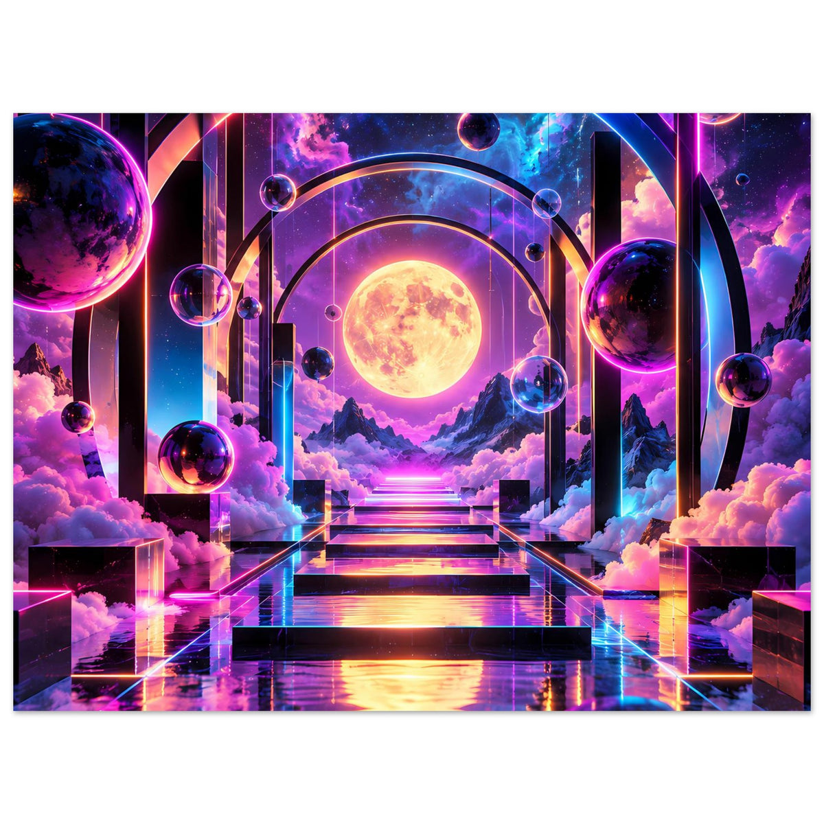 Poster im Querformat mit leuchtender Sonne, violetten Planeten, Gewölbebögen und Wolken