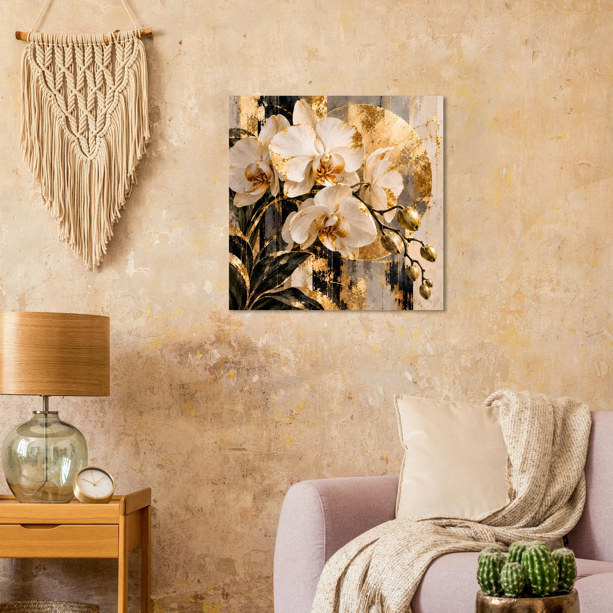 Blumenposter mit weißen Orchideen und goldenen Akzenten, quadratisches Motiv.