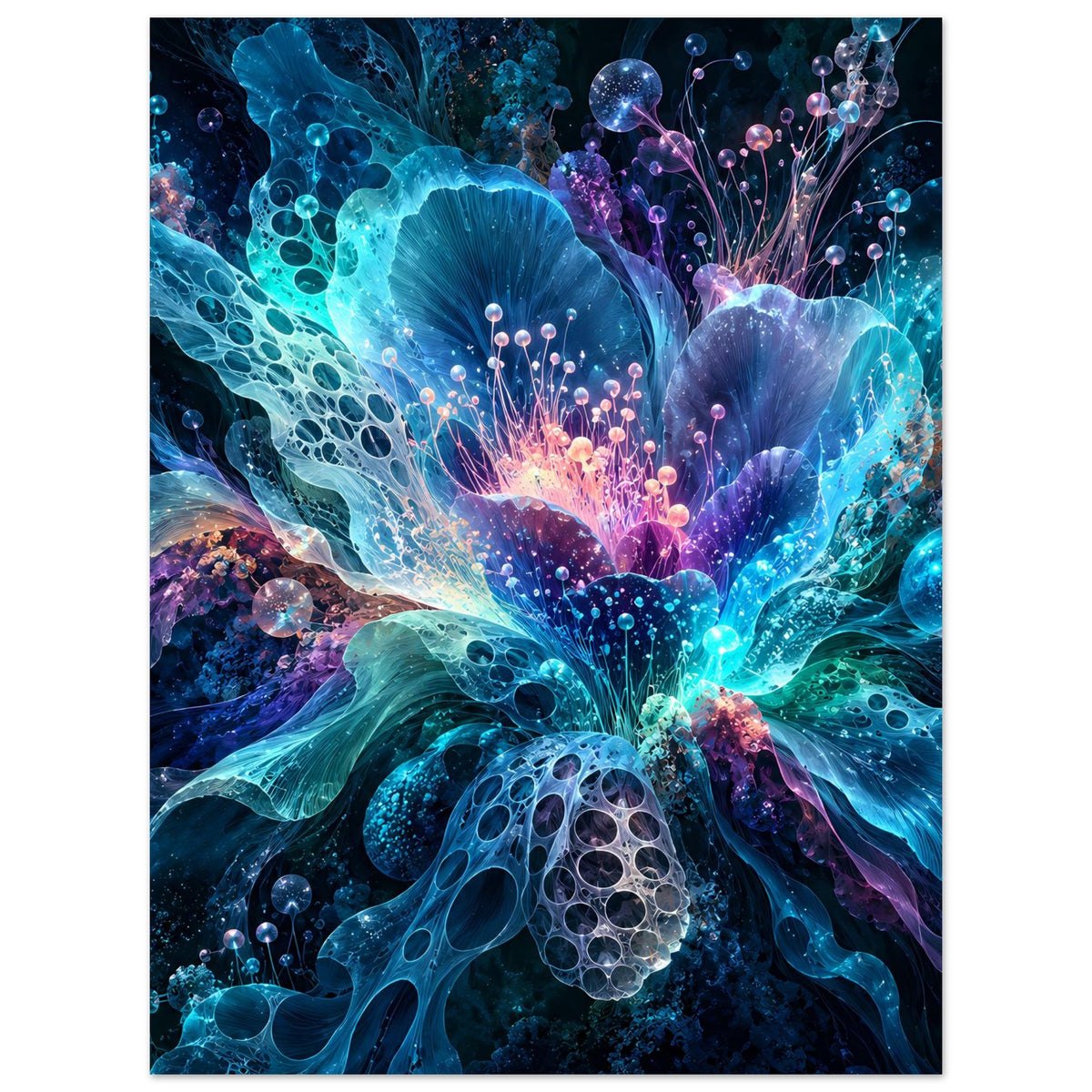 Vertikales leuchtendes Blumenposter mit blaugrüner Blüte, violettem Akzent und Funkeln