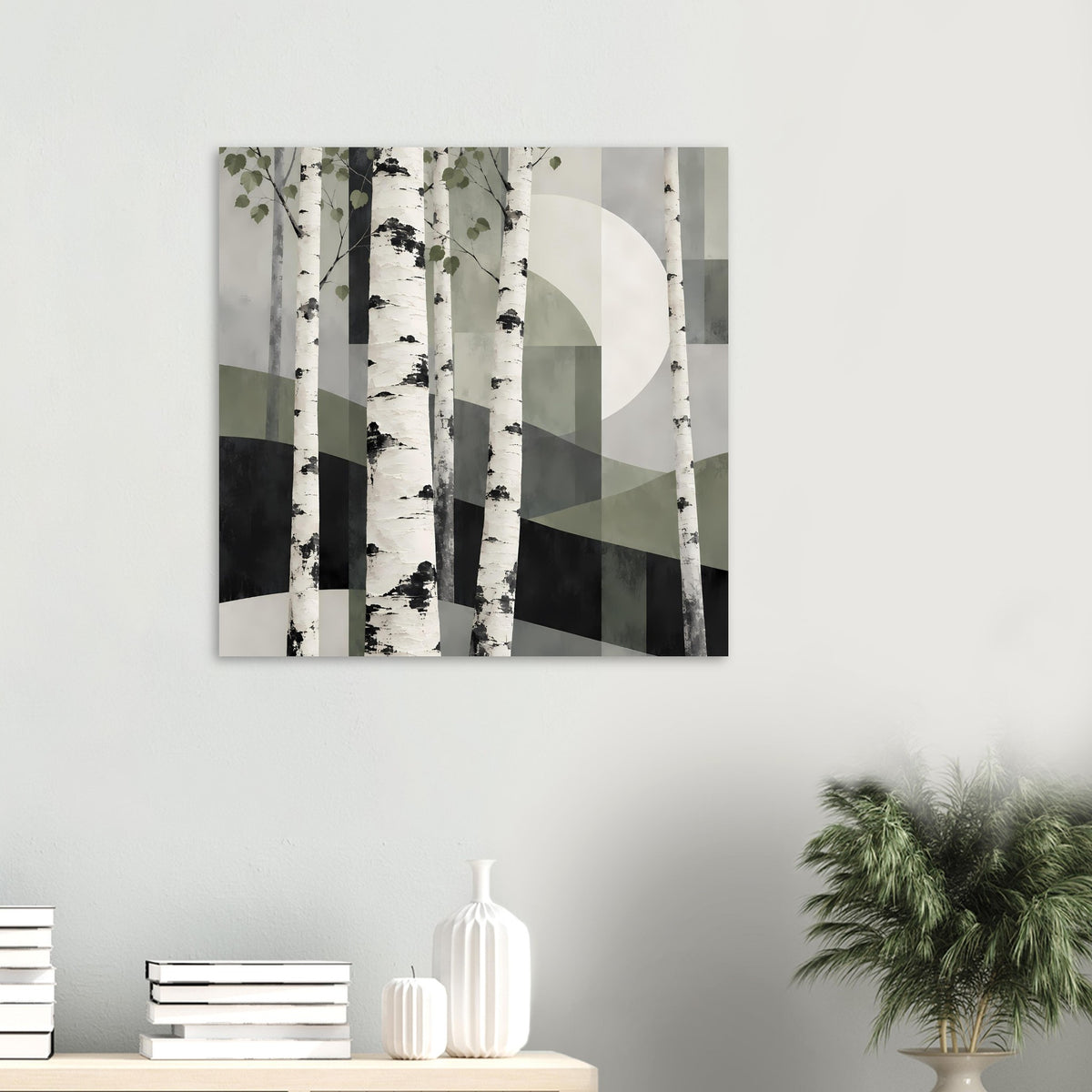 Abstraktes Naturposter mit Birkenstämmen, grünen Blattzweigen und geometrischem Muster