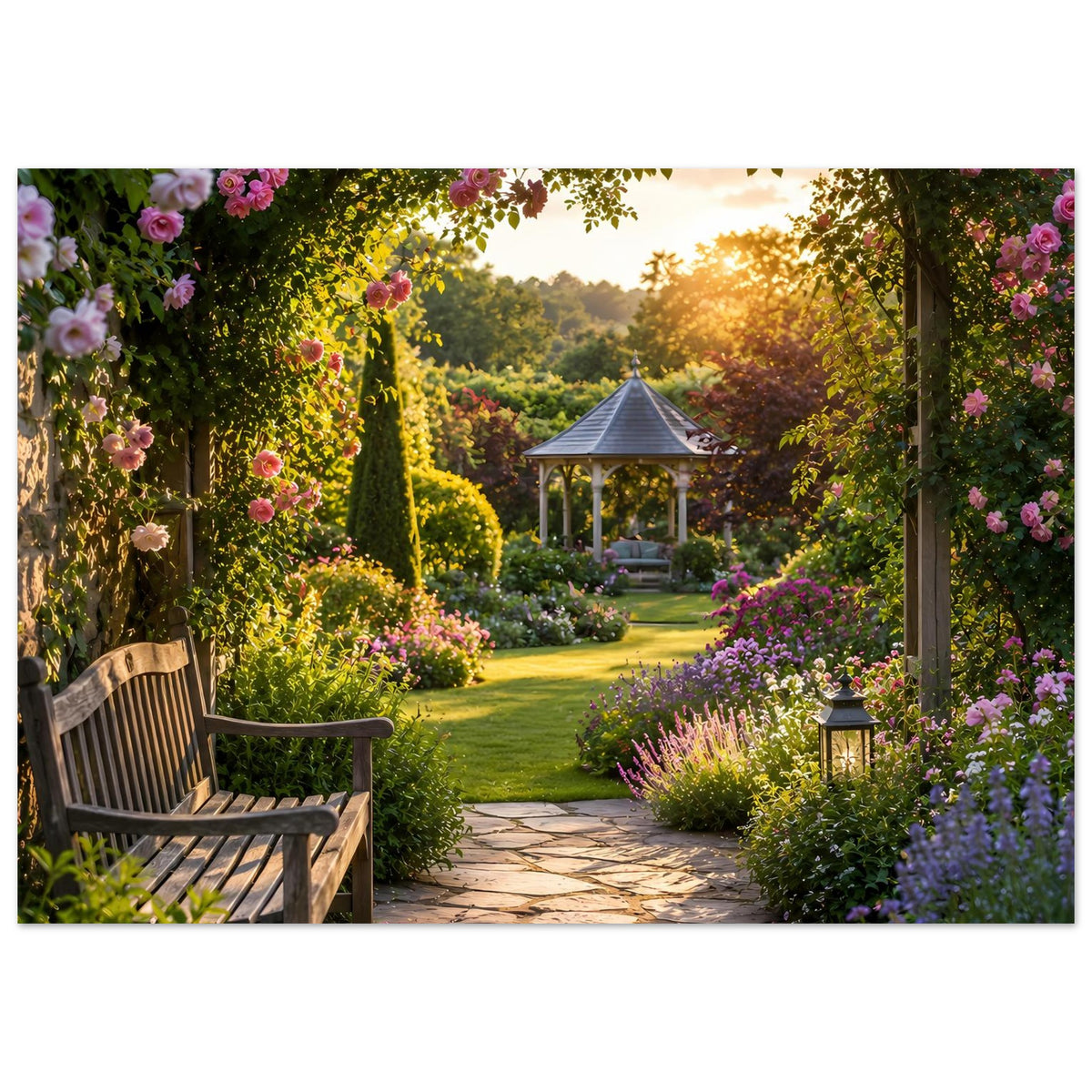 Querformat-Gartenposter mit Kiesweg, Holzbänke links, Laterne rechts und Pavillon im Sonnenlicht