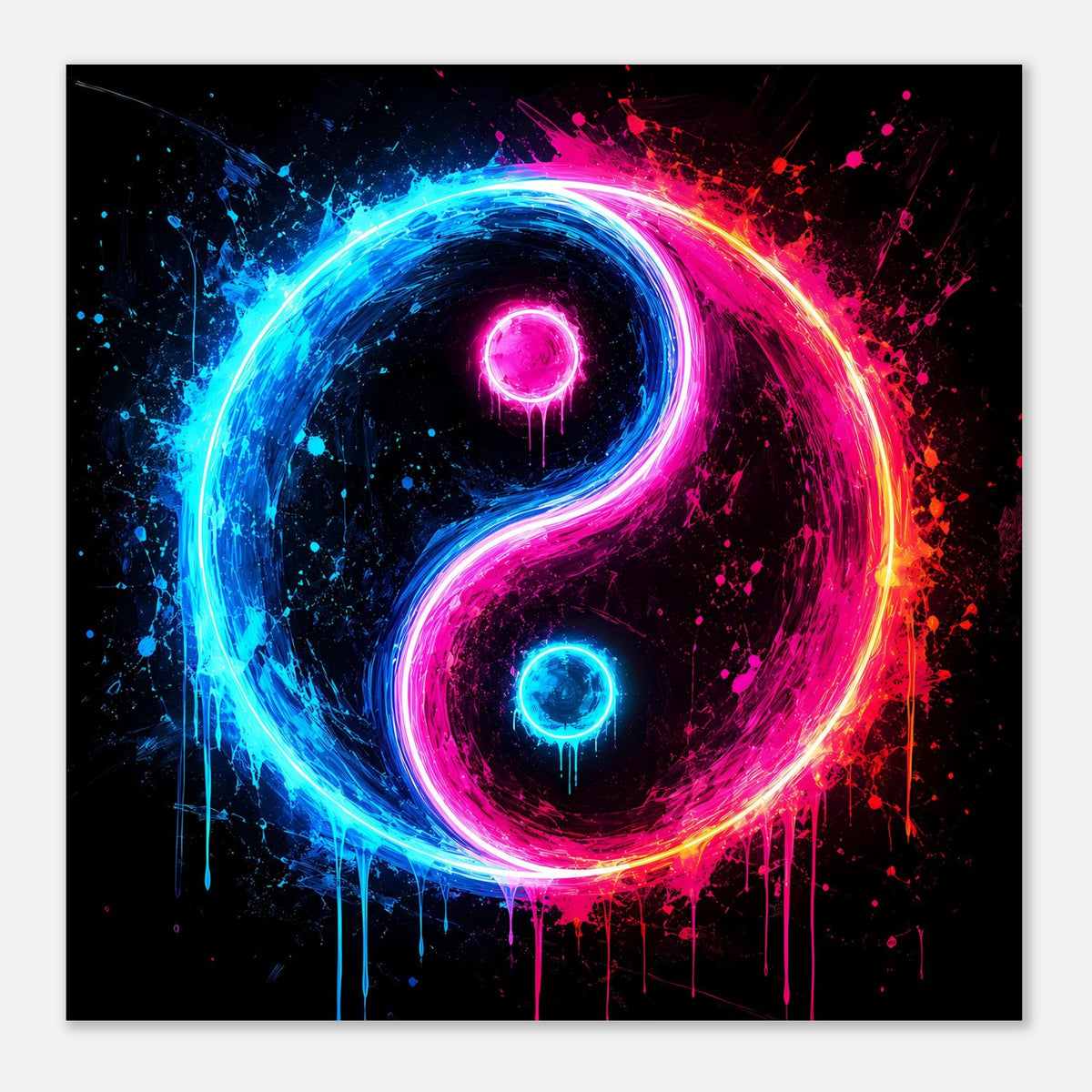 Neon-Yin-Yang-Poster mit leuchtender Yin-und-Yang-Optik in Blau und Pink, Tropfeneffekt