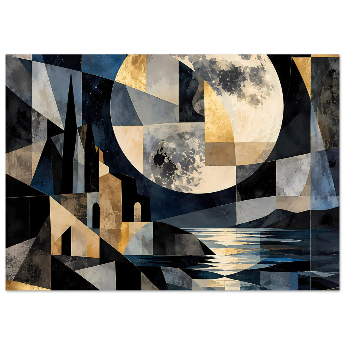 Poster im Querformat mit geometrischem Mondmotiv, abstrakter Burg und Brücke in Blau/Grau/Gold
