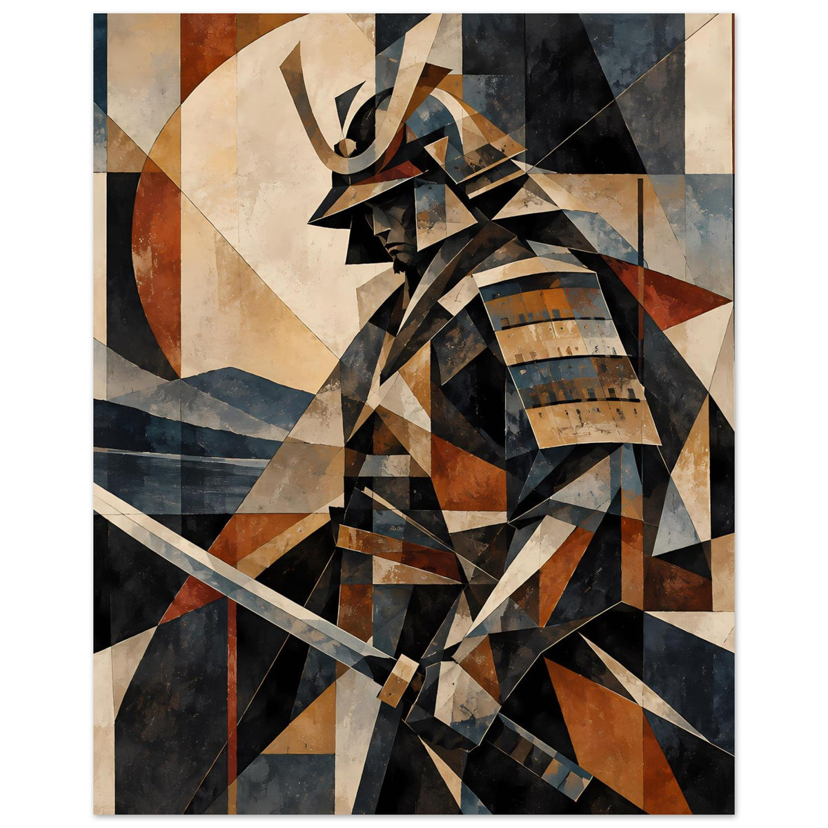 Vertikales Poster mit geometrischem Samurai-Krieger, blau-braune Farbfelder, Helm und Rüstung