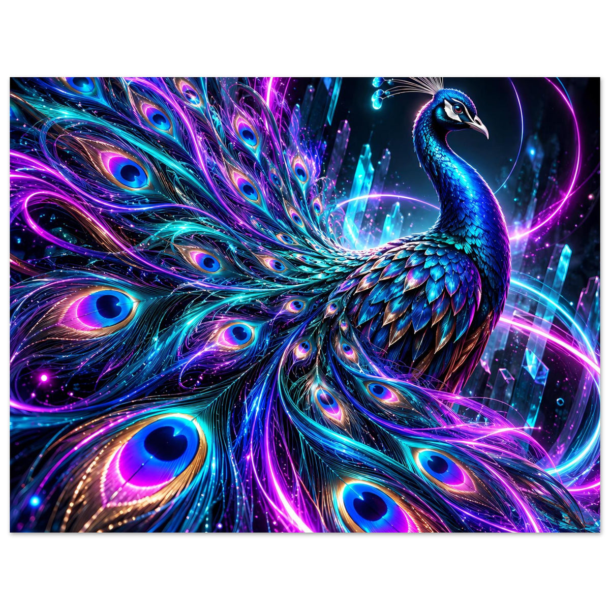Neonfarbiges Pfau-Poster im Hochformat mit leuchtenden Federn in Blau, Lila und Pink
