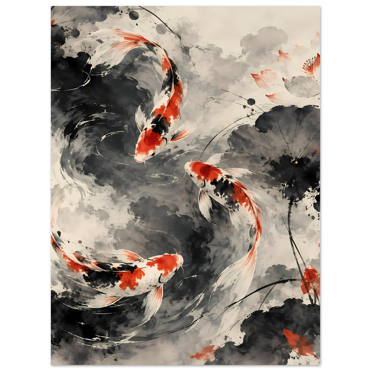 Poster mit drei Koi-Fischen in Grau, Schwarz und Orange im asiatischen Tusche-Look