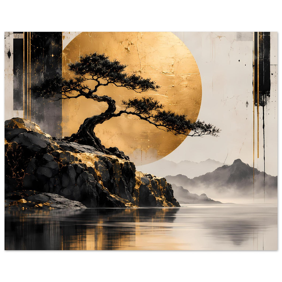 Breites Zen-Poster mit Bonsai-Baum, goldener Lichtscheibe, schwarzen Felsen und Spiegelwasser