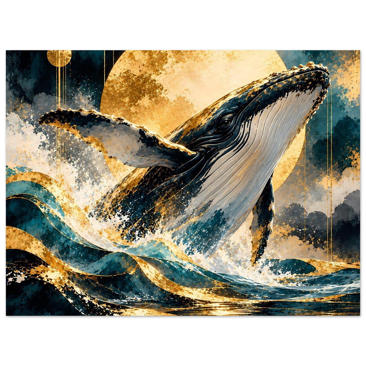 Poster mit Buckelwal, großem goldenem Mond und starken Wasserreflexen in Blau