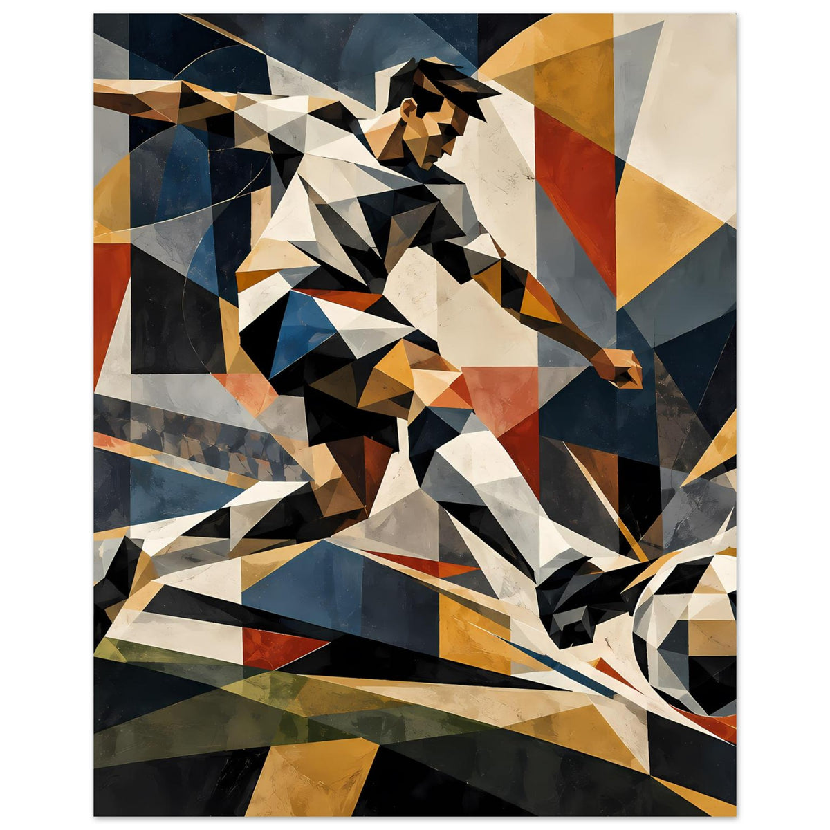 Abstraktes Poster: geometrischer Fußballspieler, diagonale Linien, Fußball am rechten unteren Rand