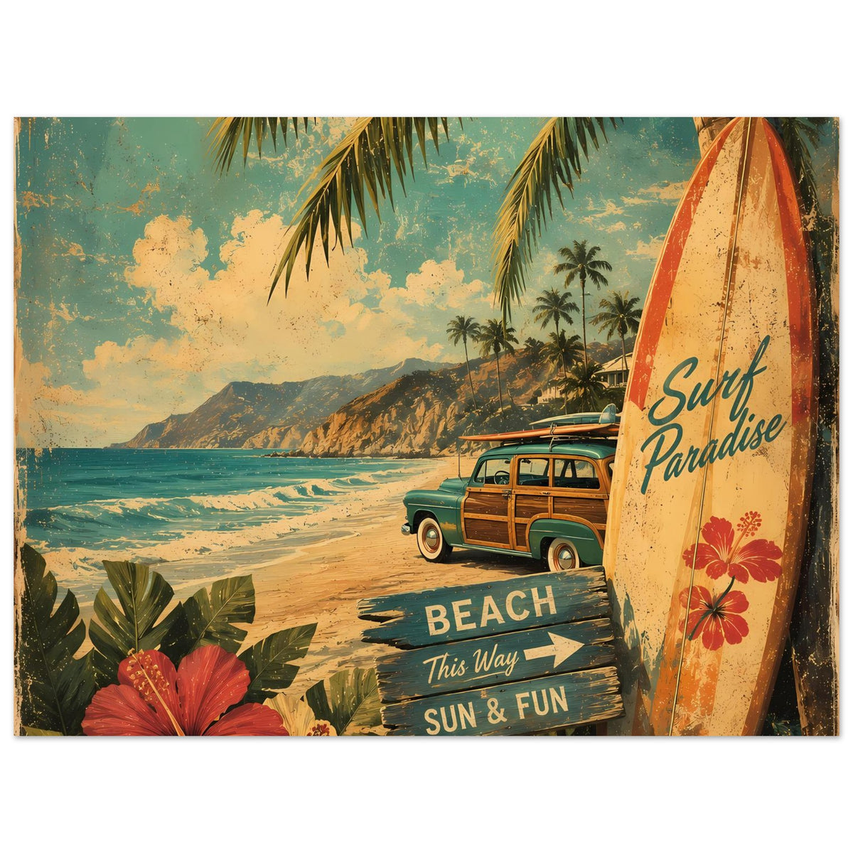 Vintage Beach-Poster mit Surfbrett, VW-Bus, Strand, Palmen und Text „Surf Paradise“