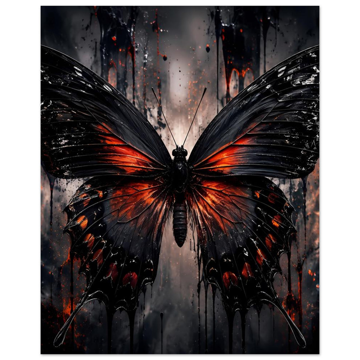 Schmetterlingsposter in Hochformat: schwarzer Schmetterling mit orange-roten Flügelkanten