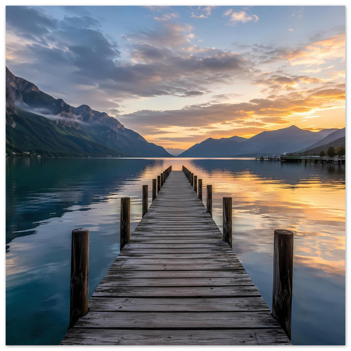 Poster im Querformat: Steg über See, warmes Abendlicht, Berge und ruhiges Wasser.