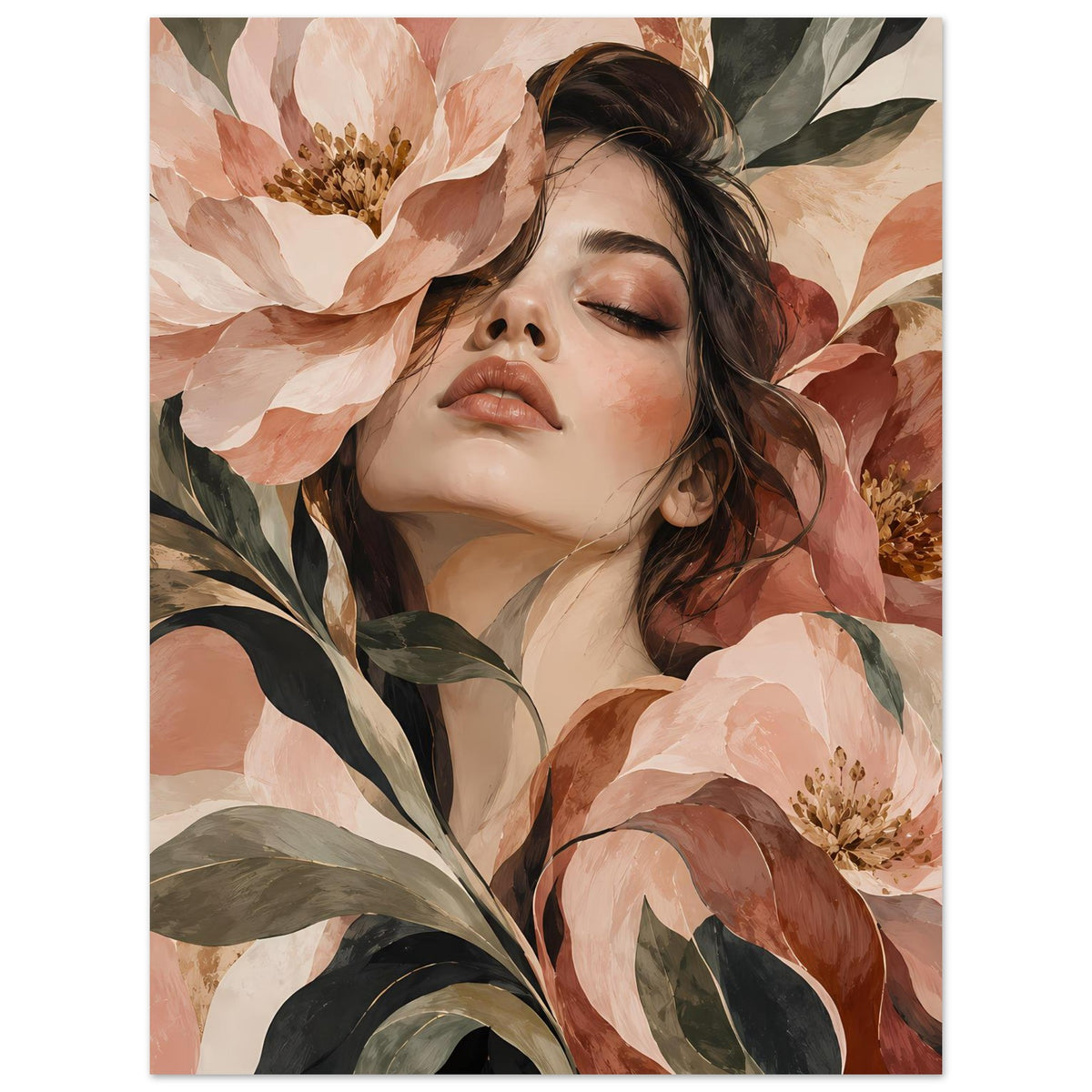 Poster mit Porträt einer Frau und floralen Motiven, warme Beige-, Rosa- und Grüntöne